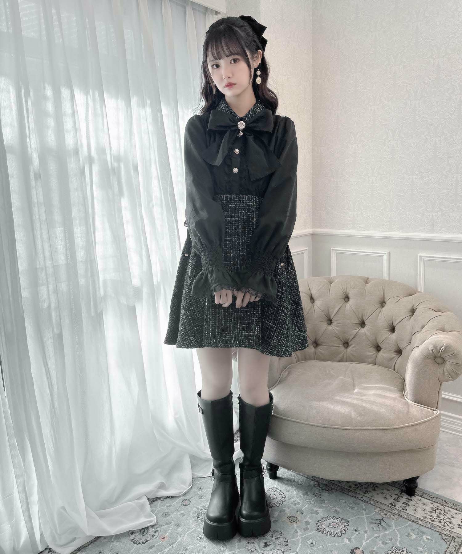 ボウタイリボンツイードドッキングワンピース | Rlab store