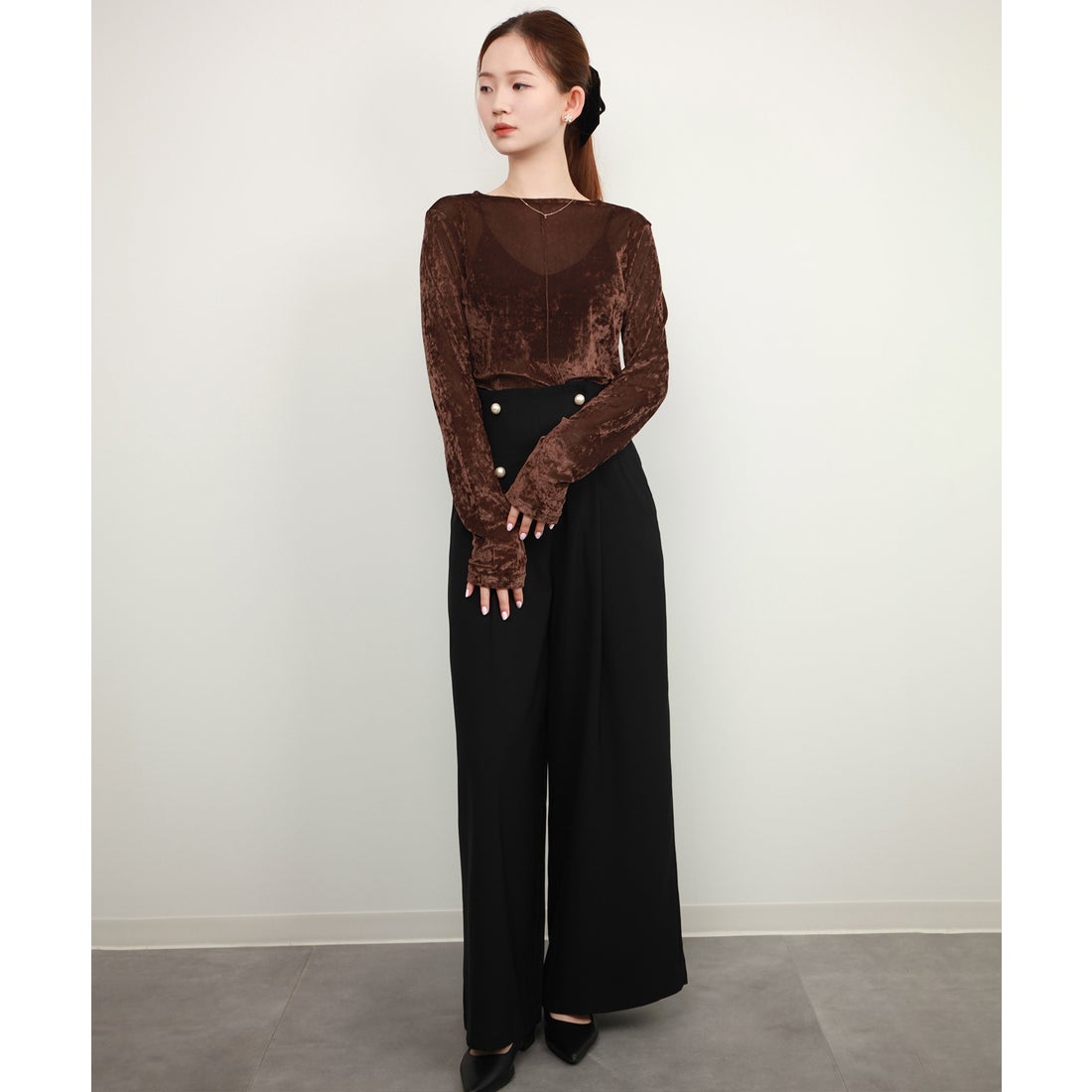 ドレスプラス DRESS+ ベロア トップス シャツ 長袖 透け感 （ブラウン