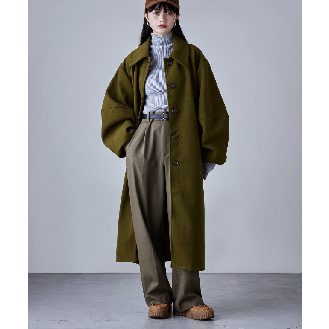 エトル etoll. コクーンスリーブステンカラーロングコート （カーキ