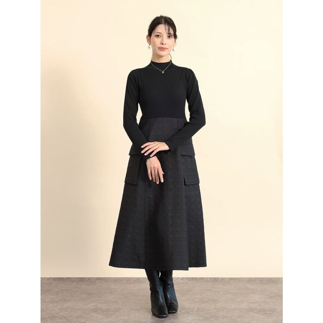 フェンネル FENNEL キルティングコンビワンピース （ブラック） -靴