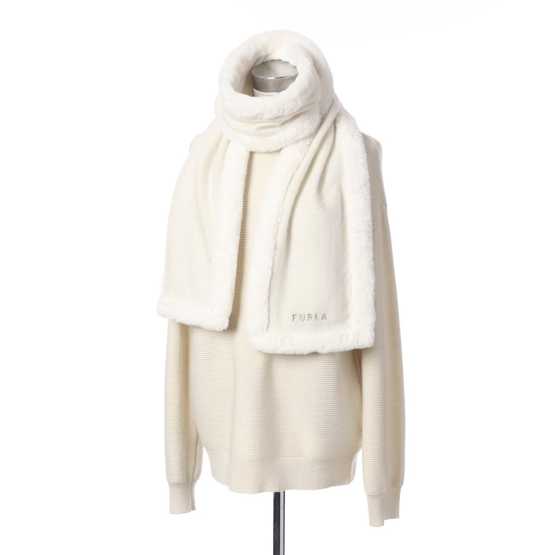 FURLA 【WEB限定】 ウール100%紡毛厚手マフラー ファートリミング ロゴ