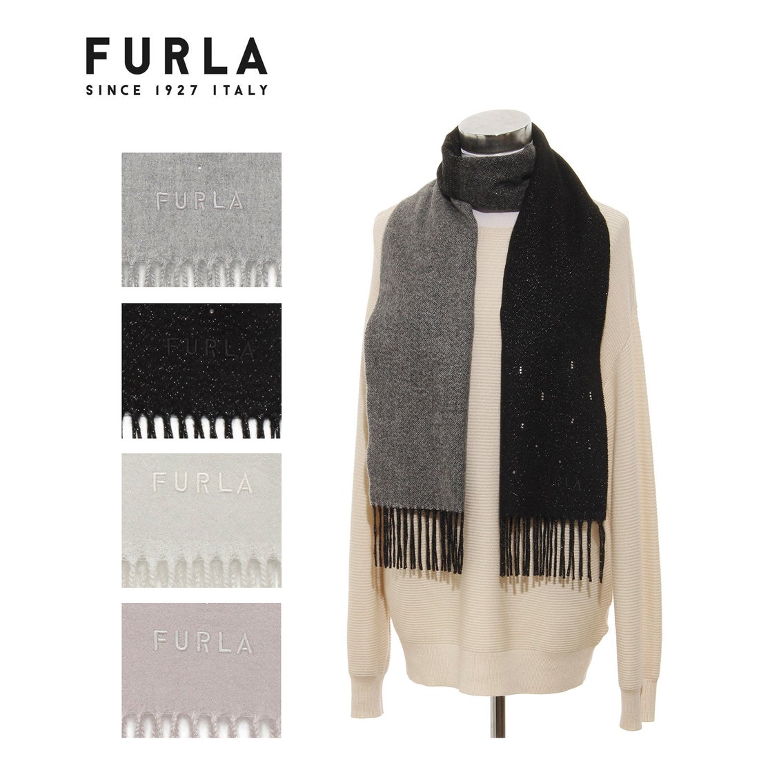 FURLA 【洗える】カシミヤ100％紡毛厚手マフラー 30×180cm ラメライン