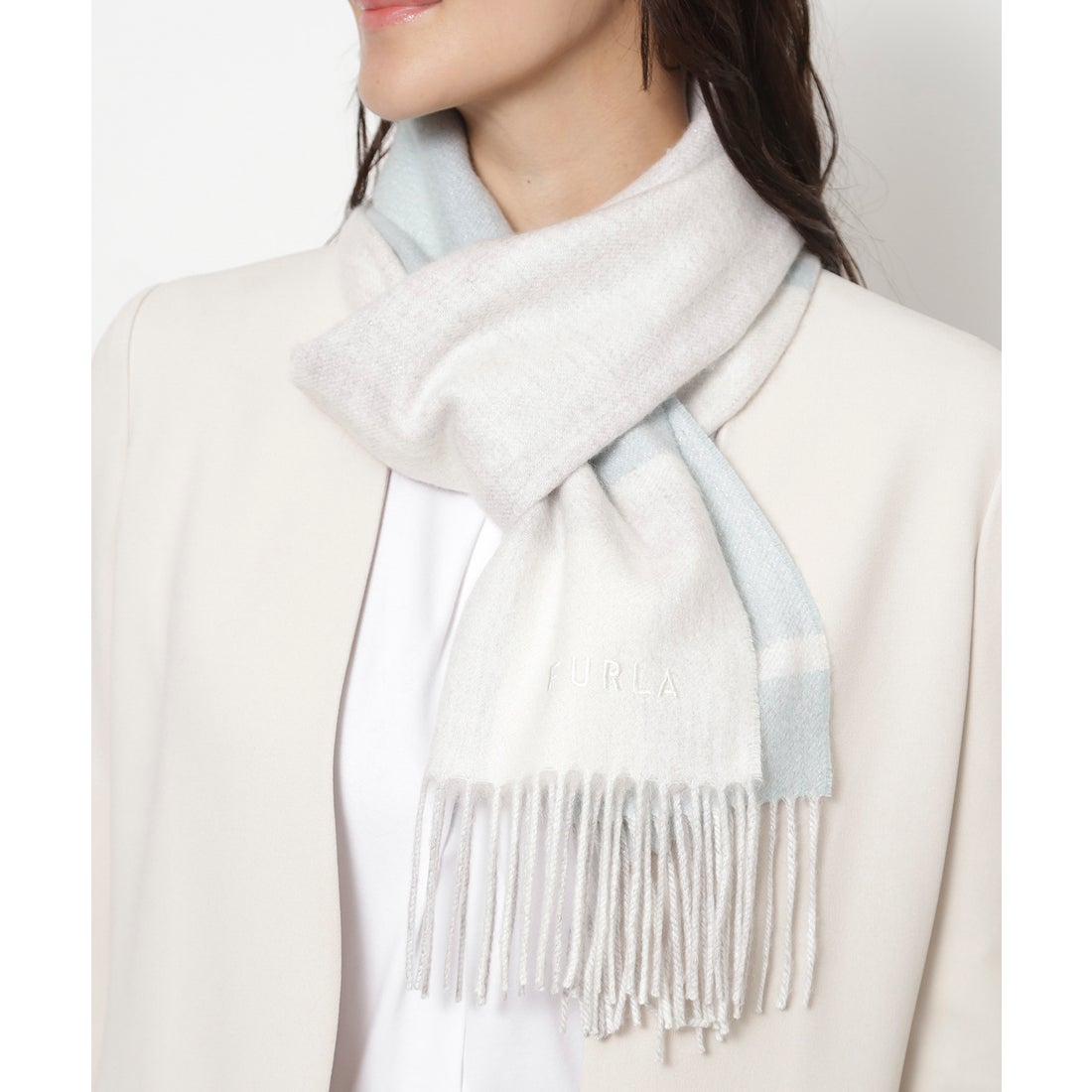 FURLA カシミヤ紡毛厚手マフラー 30×180cm ラメチェック ロゴ （ミント