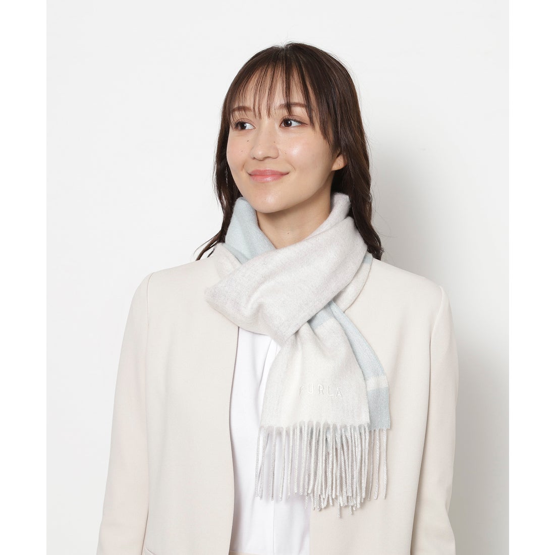 FURLA カシミヤ紡毛厚手マフラー 30×180cm ラメチェック ロゴ （ミント