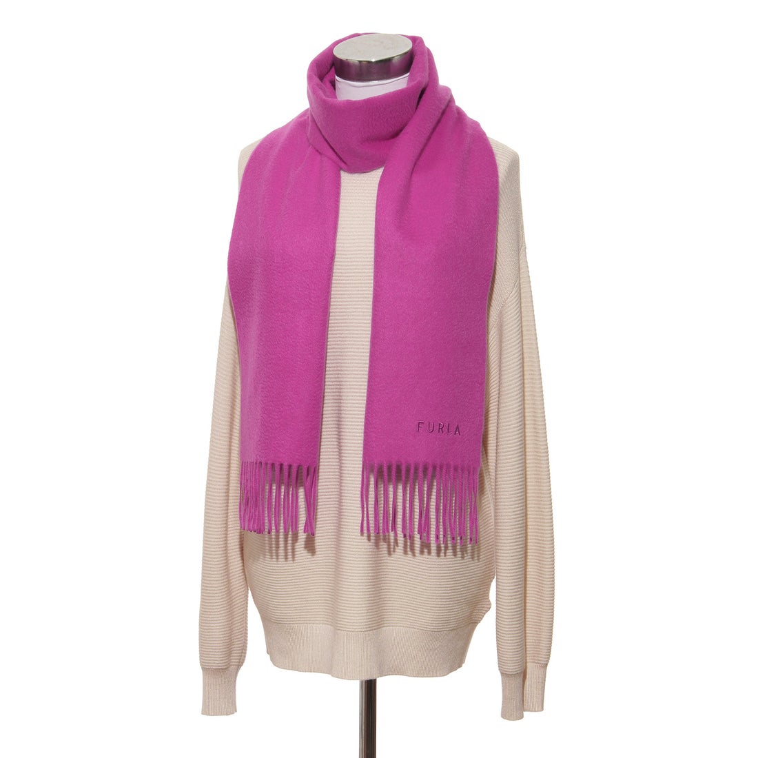 FURLA 【洗える】カシミヤ100％紡毛厚手マフラー 30×180cm 無地 ロゴ