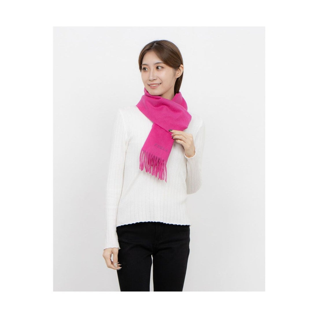 FURLA 【洗える】カシミヤ100％紡毛厚手マフラー 30×180cm 無地 ロゴ