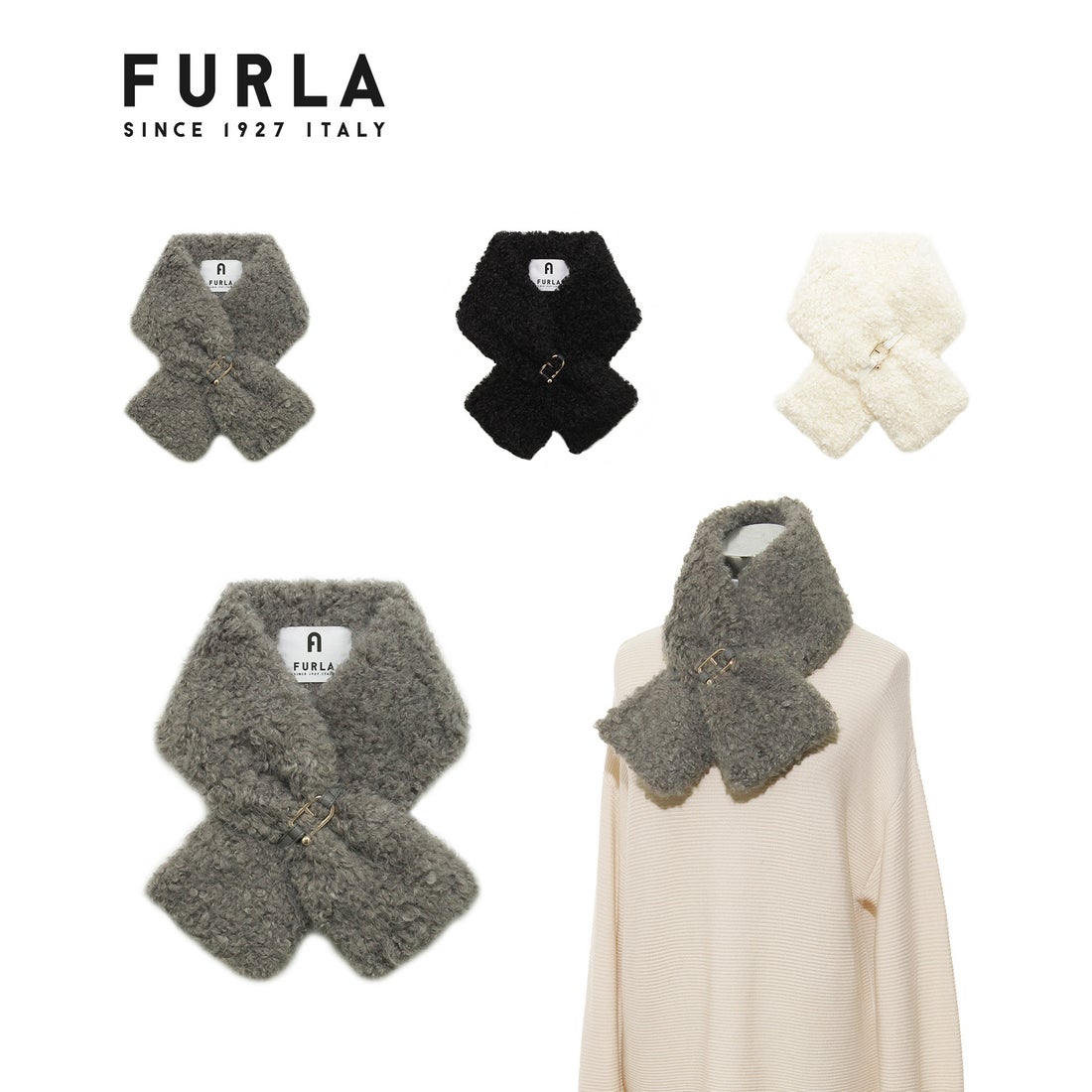 FURLA アーチロゴベルト付きフェイクファーマフラー 12×87cm プードル