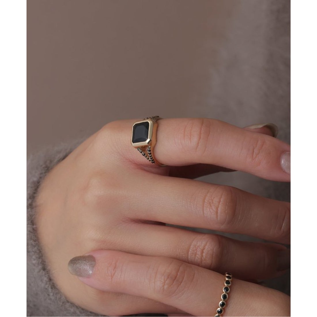 リラ Lilas オニキス8角2ラインブラックダイヤリング K10 （ゴールド