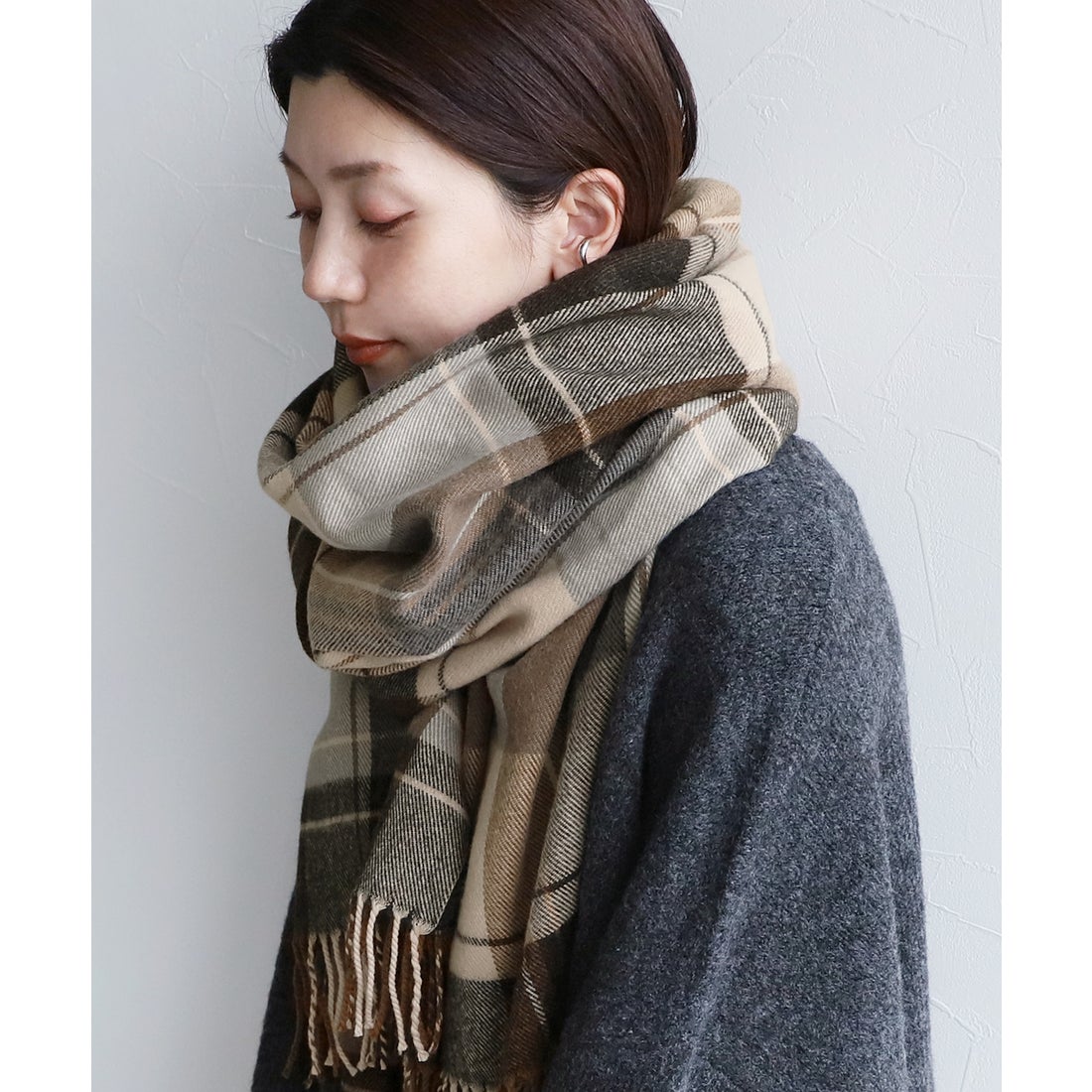レカ reca チェック柄大判ストール(st35) （ベージュ×ブラウン#024