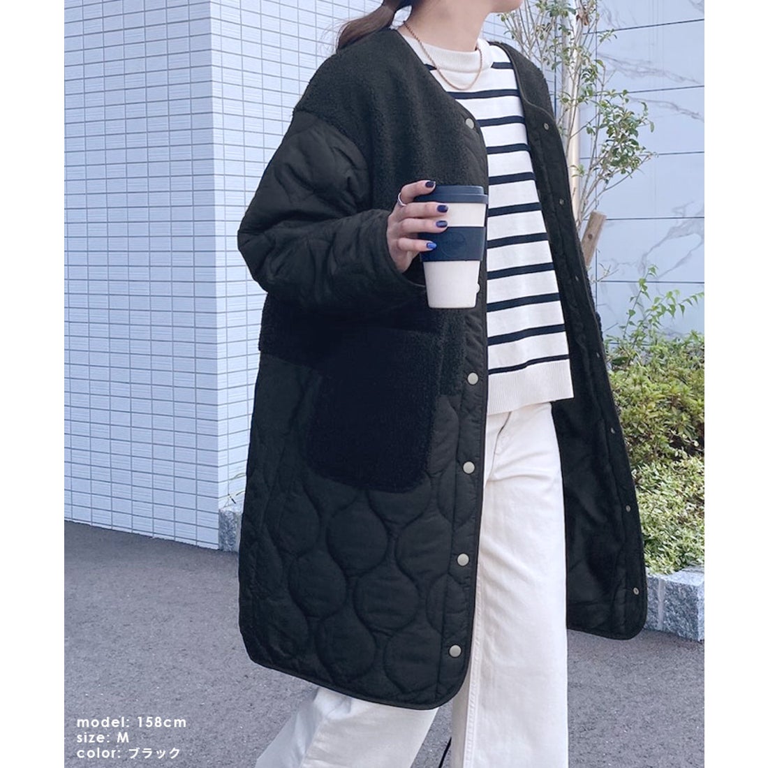 レカ reca ノーカラーボア×ひょうたんキルトコート(y9961) （カーキ