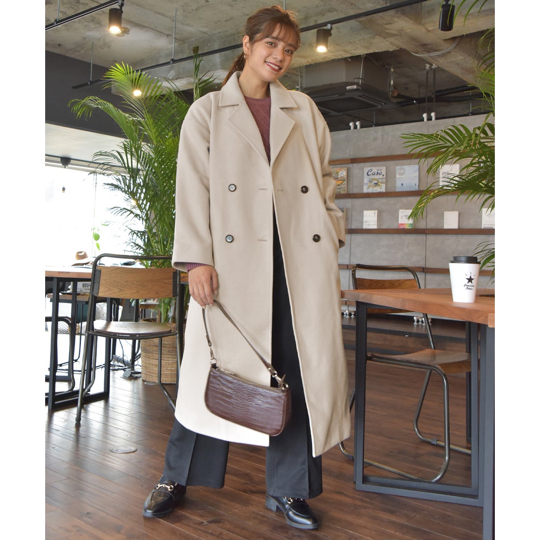 アドティエ ad thie ダブルチェスターロングコート （ピンクベージュ