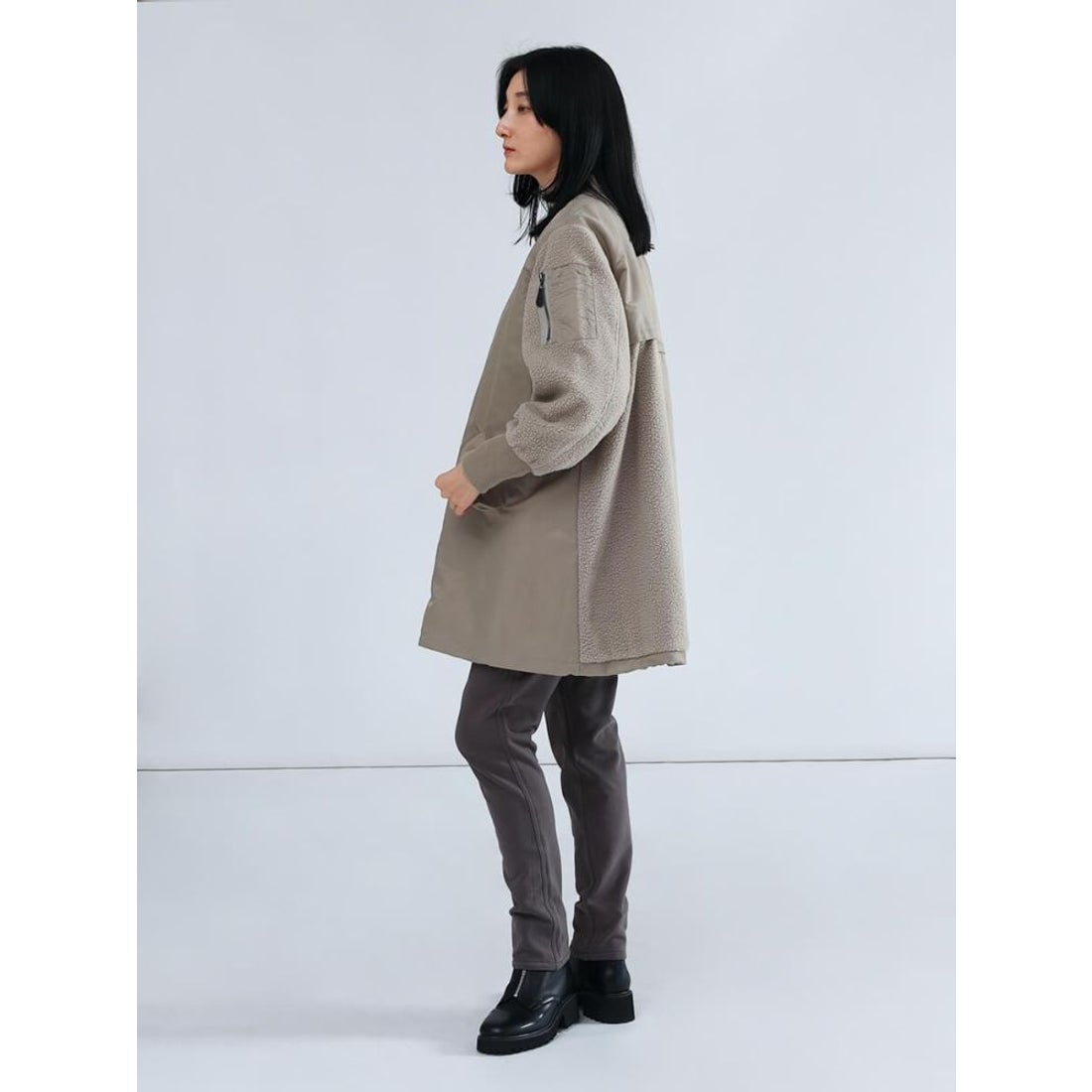 ラシュッド LASUD 異素材ドッキングミリタリーロングコート （ブラック