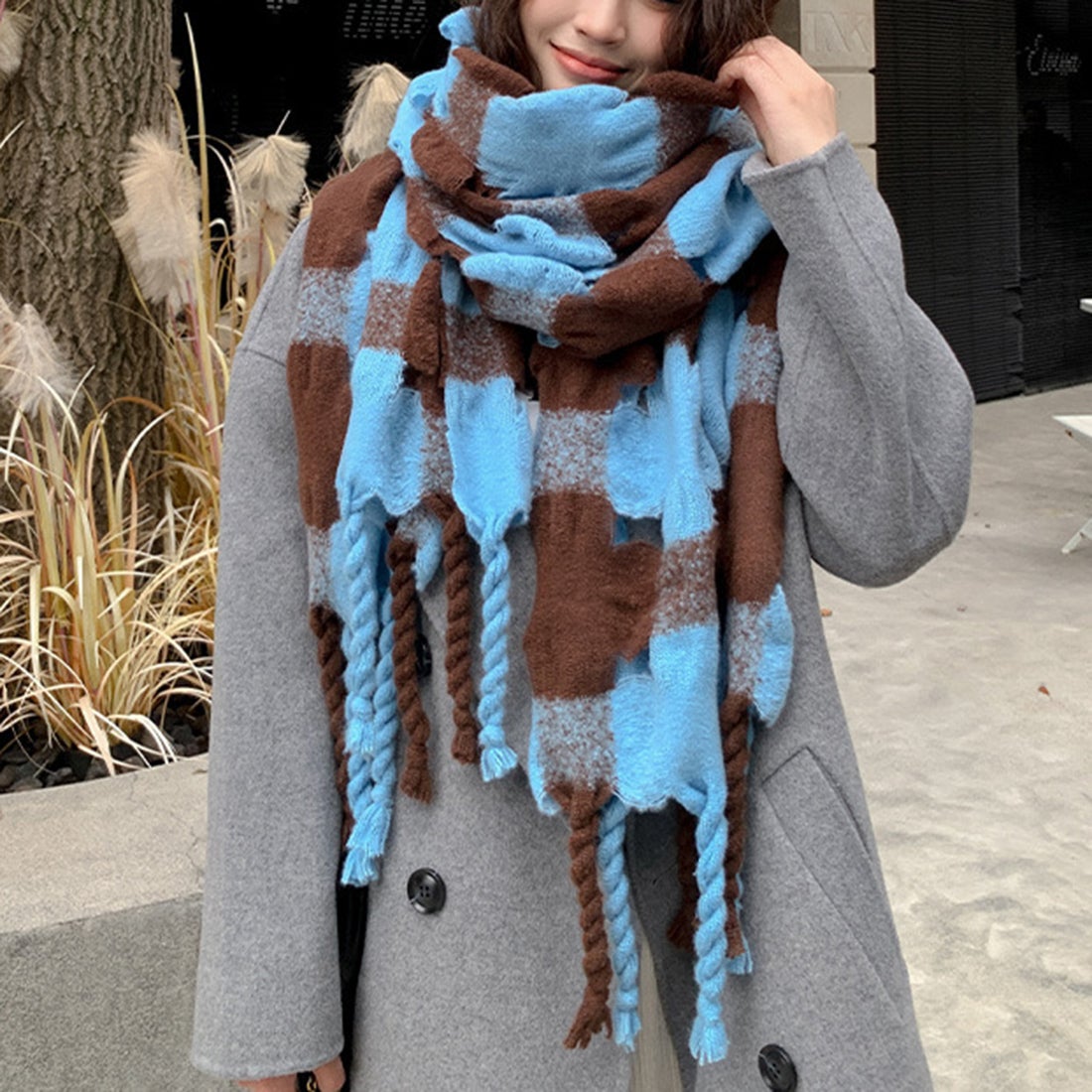 スタイルブロック STYLEBLOCK ブロックチェック大判マフラー （ブルー