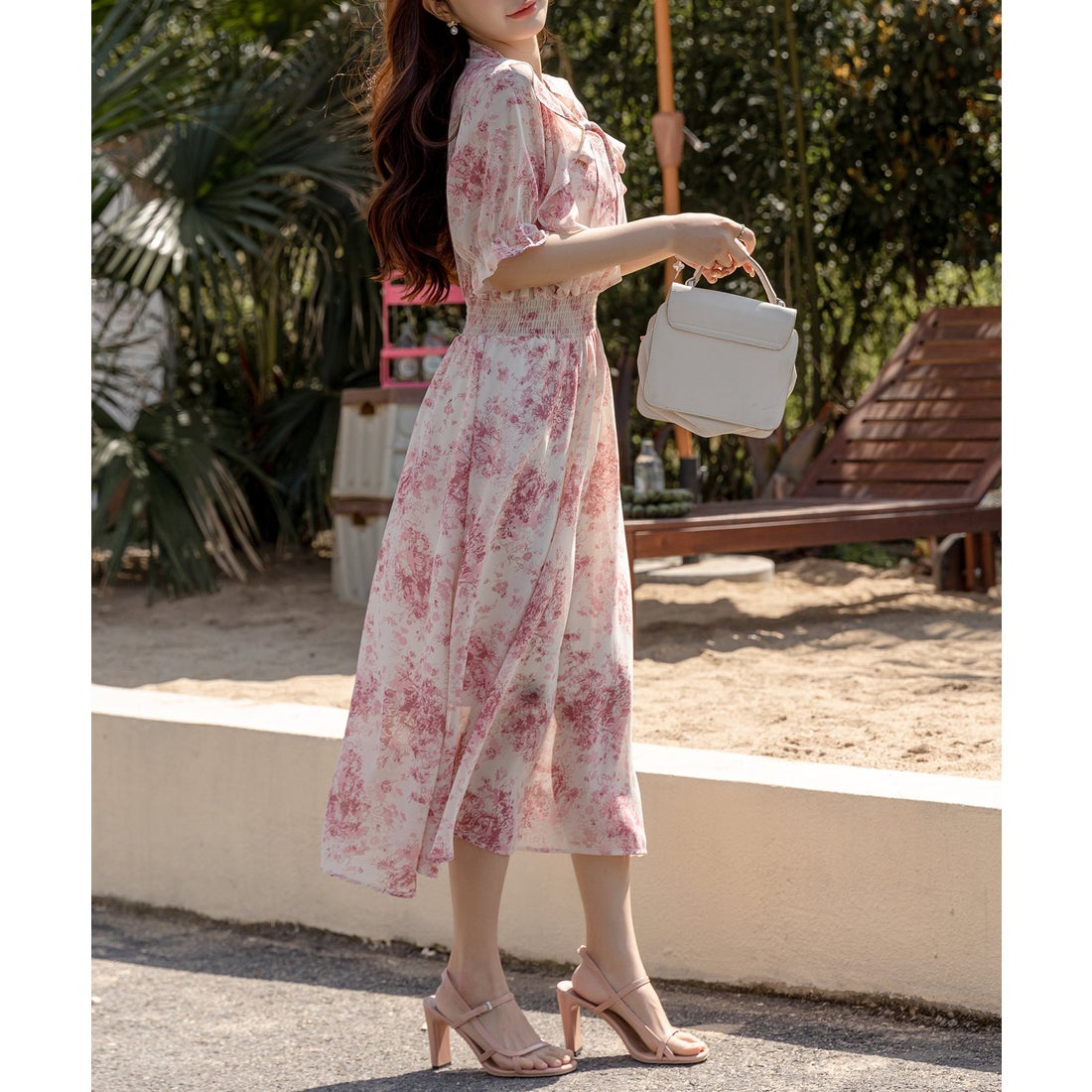 テディショップ Teddyshop レディース 小花柄ボウタイシフォンAライン