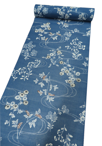 竺仙 綿紅梅 紺地秋草に流水｜着物のオンラインショップ | 染織近藤