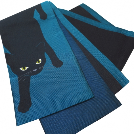 送料無料】撫松庵 半幅帯 ボーダー猫(ターコイズ)｜祭屋 そなみ呉服店