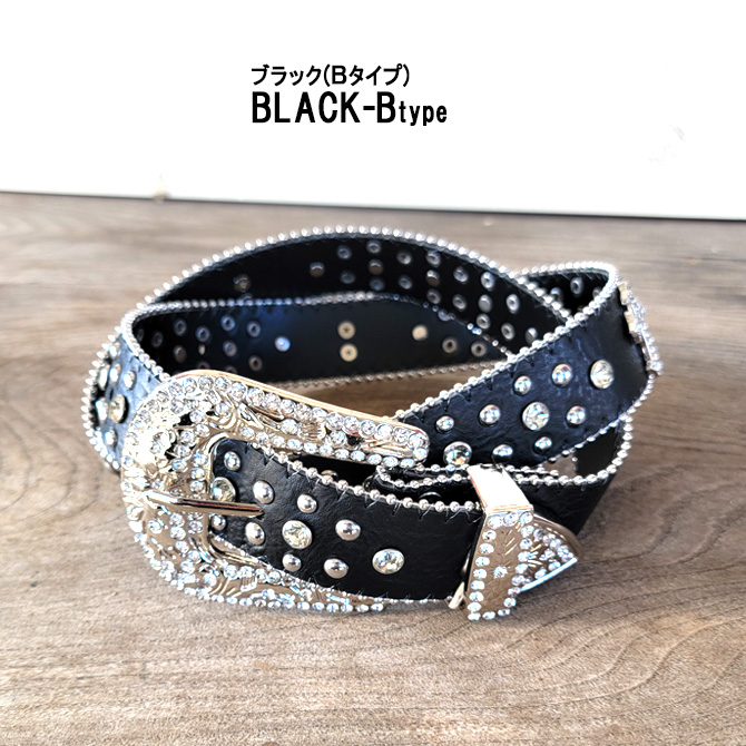 ウエスタンレザーベルト スタッズベルト ラインストーン クロス クロコ