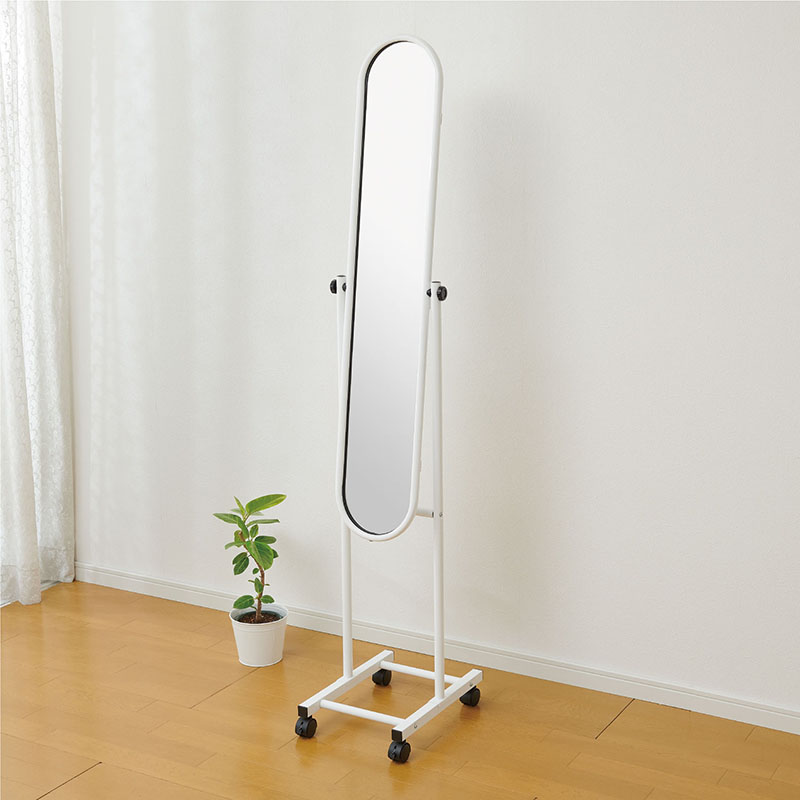 爆買 キャスター付き スタンドミラー 1個 ホワイト 角度調節 飛散防止
