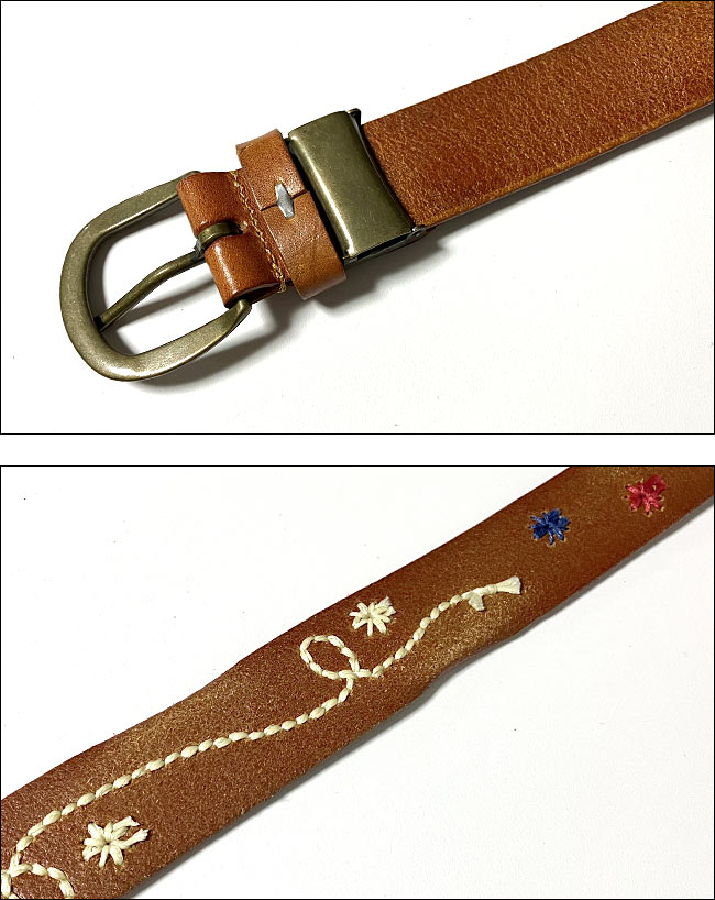 メンズセレクト 手縫い花柄ステッチ レザーベルト (ブラウン