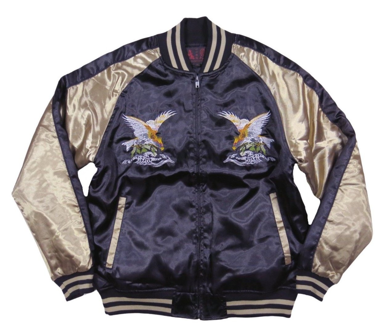 鷹 荒波 総刺繍 サテン地 中綿入り 和柄 スカジャン メンズ : JTWO