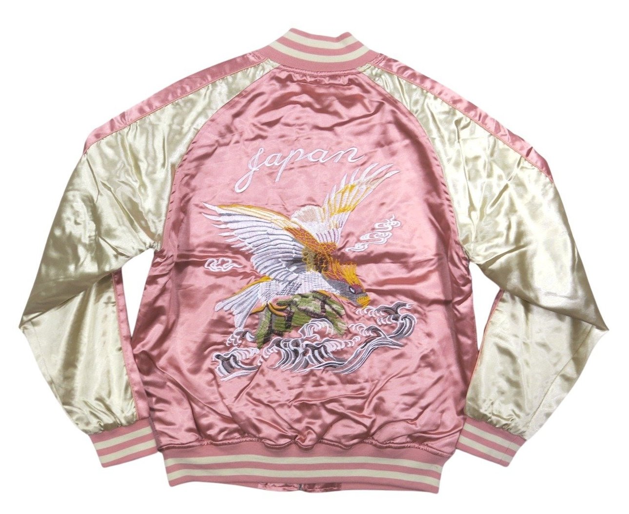 鷹 荒波 総刺繍 サテン地 中綿入り 和柄 スカジャン メンズ : JTWO