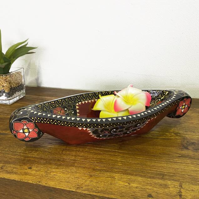 デコレーショントレイ 木製 トレー 舟形 花柄 絵柄入 3色 小物入れ