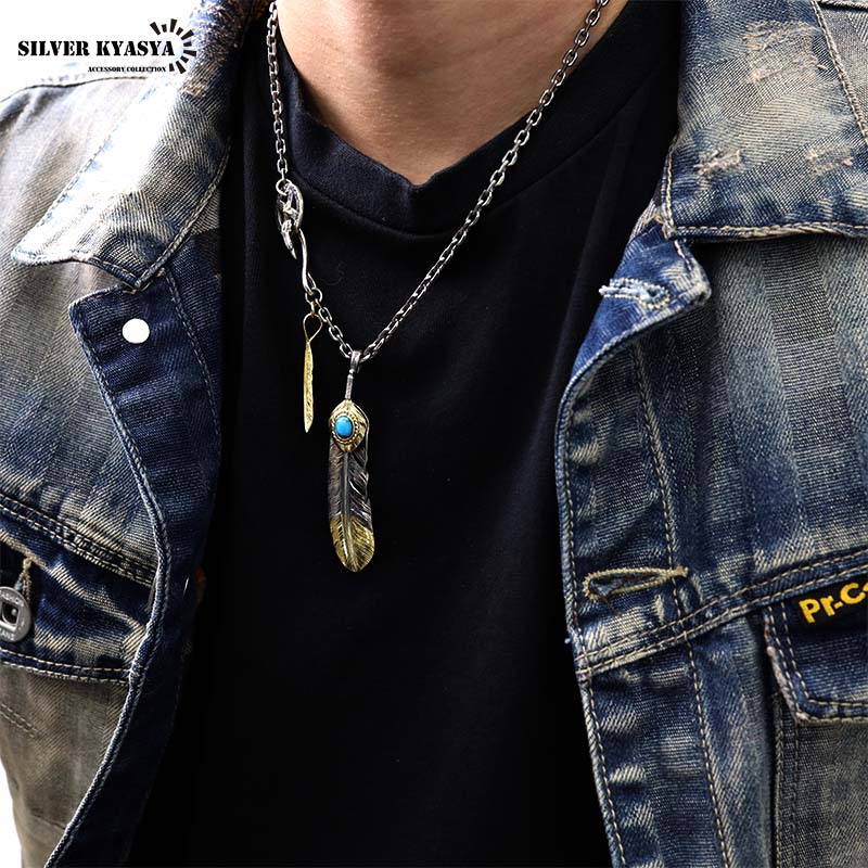 シルバー925 フェザーネックレス 羽根 先金 特大 ターコイズ 太陽