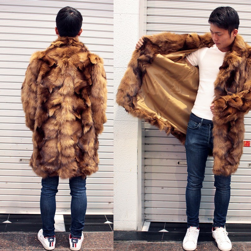 毛皮ジャケット メンズ FOX ファージャケット 90cm丈 キャメルカラー