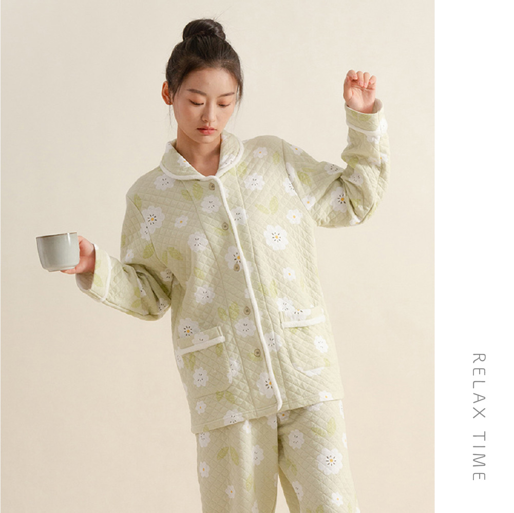 パジャマ レディース 綿100％ ニットキルト 長袖 冬 前開き ボタン