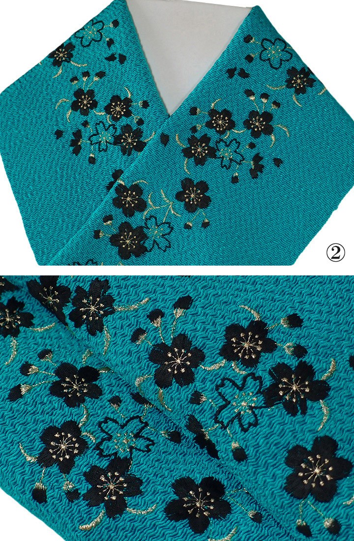 半襟 刺繍 半衿 振袖 成人式 桜 花 水色 青 紫 黒 正絹 鬼しぼ