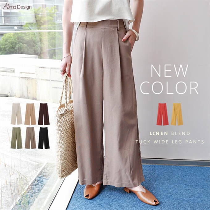 リネン レーヨン タック ワイドパンツ レディース 麻 ウエストゴム