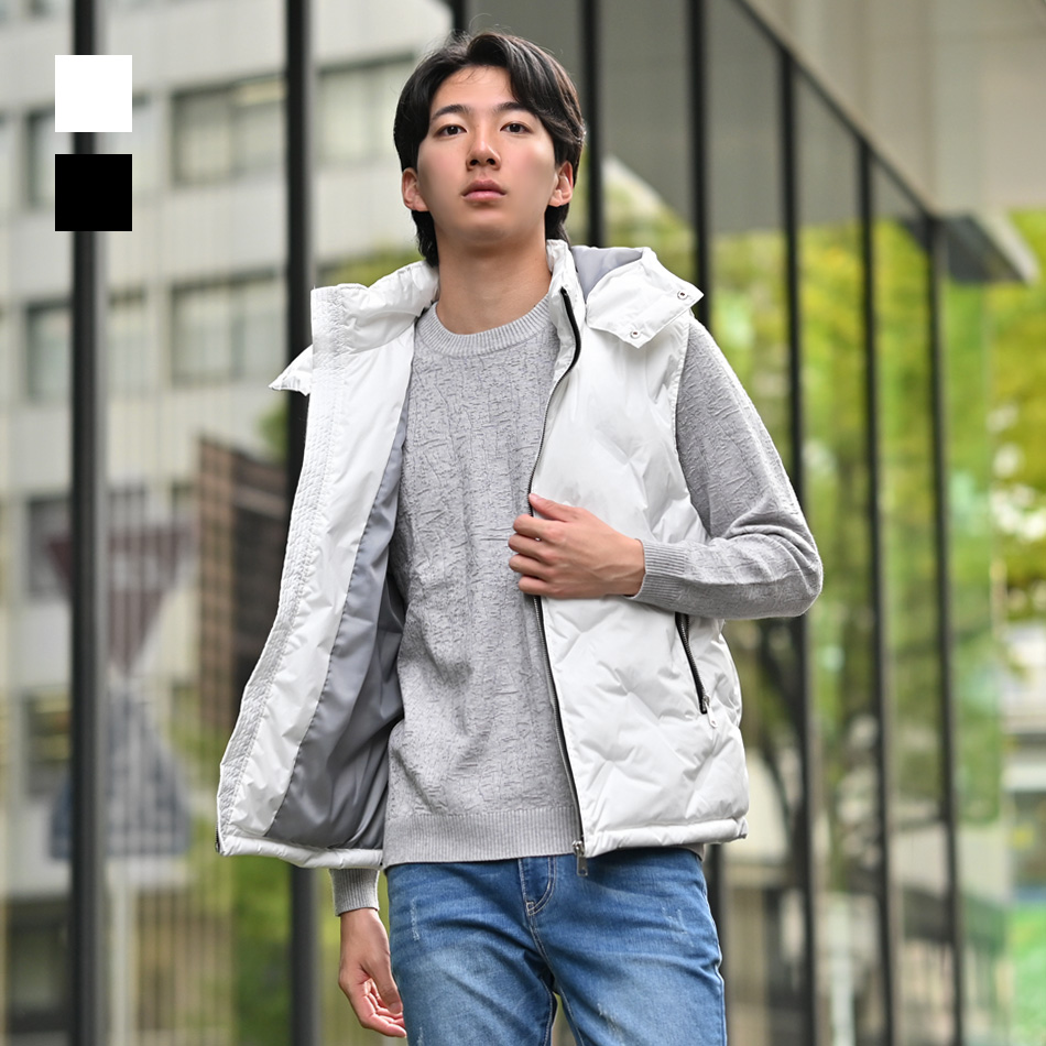 ダウンベスト メンズ シームレス 撥水加工 秋冬 フード取り外し可 無地