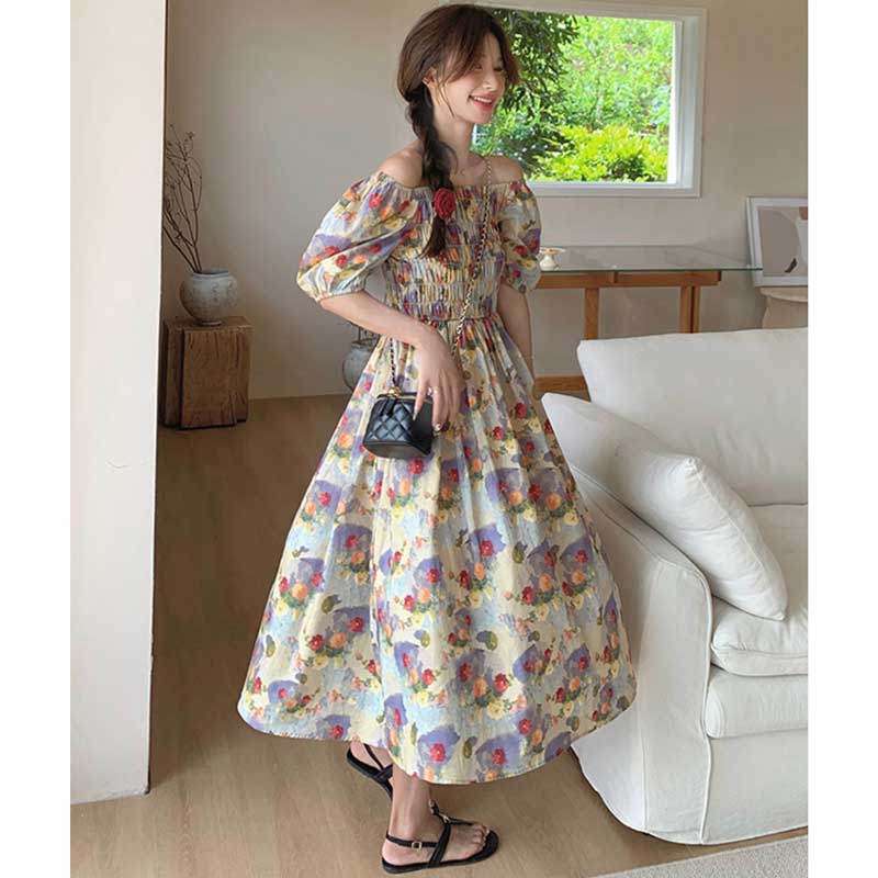 オフショルダー花柄ワンピース（青）春/夏 オフショルでヘルシーな肌見せ