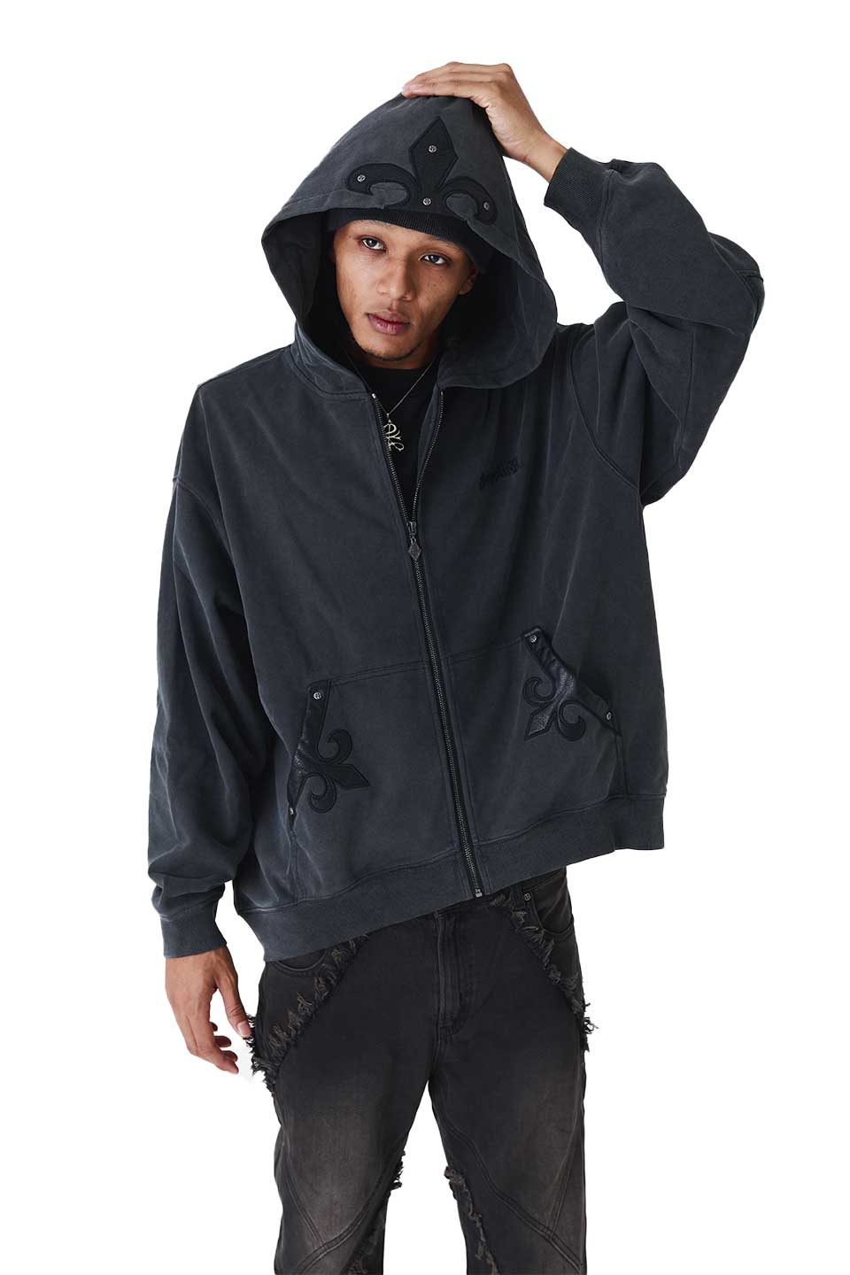 Fleur-Leather-Patch-Zip-Hoodie