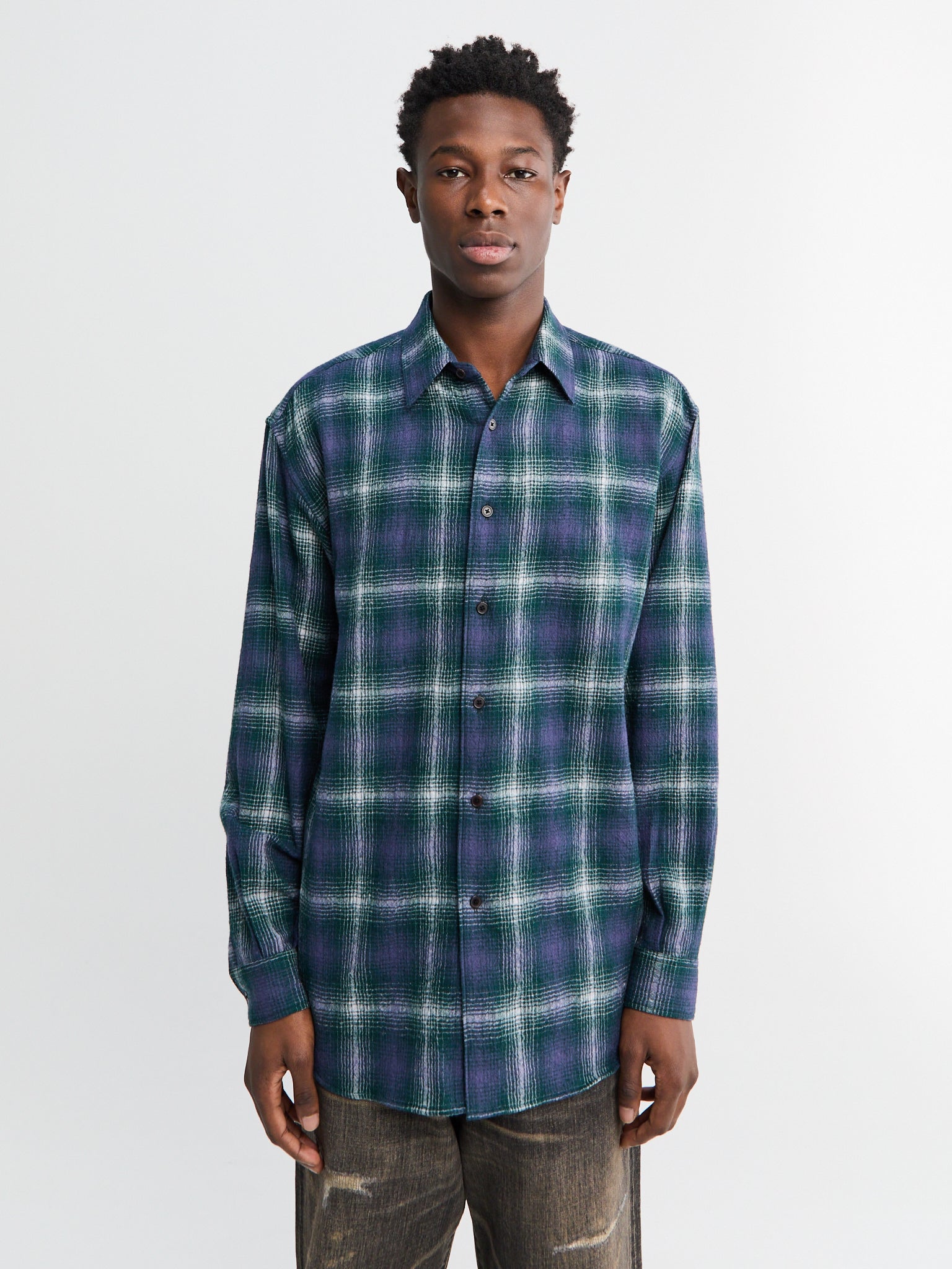 Auralee - Airy Wool Check Shirt in Forest Green and Navy – Stoy