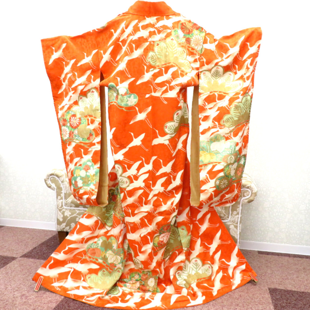 振袖 襦袢付き アンティーク着物 昔 袷 正絹 広衿 オレンジ 白 金 緑