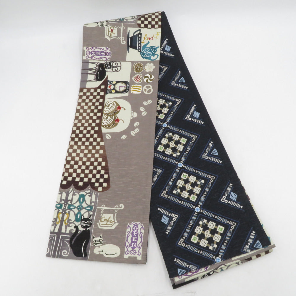 半幅帯 WAKKA ワッカ 猫カフェ クッキー柄 正絹 グレーxネイビー