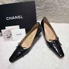 極美品 CHANEL ココマーク スクエアトゥブラックパンプス レザー 35