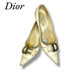 Dior ホワイト ポインテッドトゥ シューズ レザー バックル 装飾 8cm