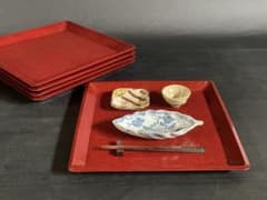 美品】「母」 讃岐彫 四方膳 5客 朱漆 讃岐膳 一枚板くり抜き （B