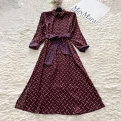 美品✨マレーラ 総柄ロングシャツワンピース リボンベルト ボルドー 38