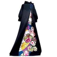 振袖 着物リメイク ドレス 濃紺×金彩梅や菊 和柄 ワンピース