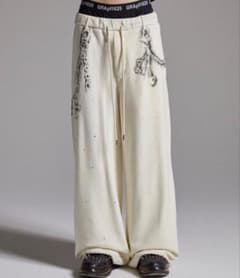 GRANCY ラインストーンデザイン レイヤードスウェットパンツ ホワイト