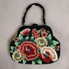 美品 ビーズバック 花柄 総ビーズ ハンドバッグ 和装 パーティ 昭和