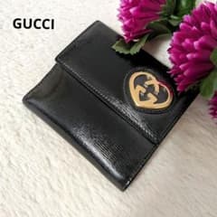 美品✨️グッチ 二つ折り財布 ラブリーハート レザー ブラック ピンク