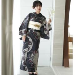 ニコアンティーク 高級変わり織 浴衣3点セット モダンブラックに遊ぶ鳥