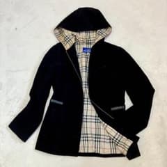 バーバリーブルーレーベル ウールコート フード付 裏ノバチェック 黒 M