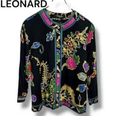 美品】レオナール シルク混 宝石柄 ノーカラー カーディガン LL 日本製