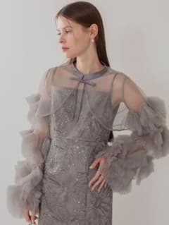 フリルチュールスリーブリボンIラインワンピースドレス結婚式