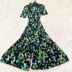 CORCOVADO ボウタイロングワンピース 総柄 グリーン シャーリング